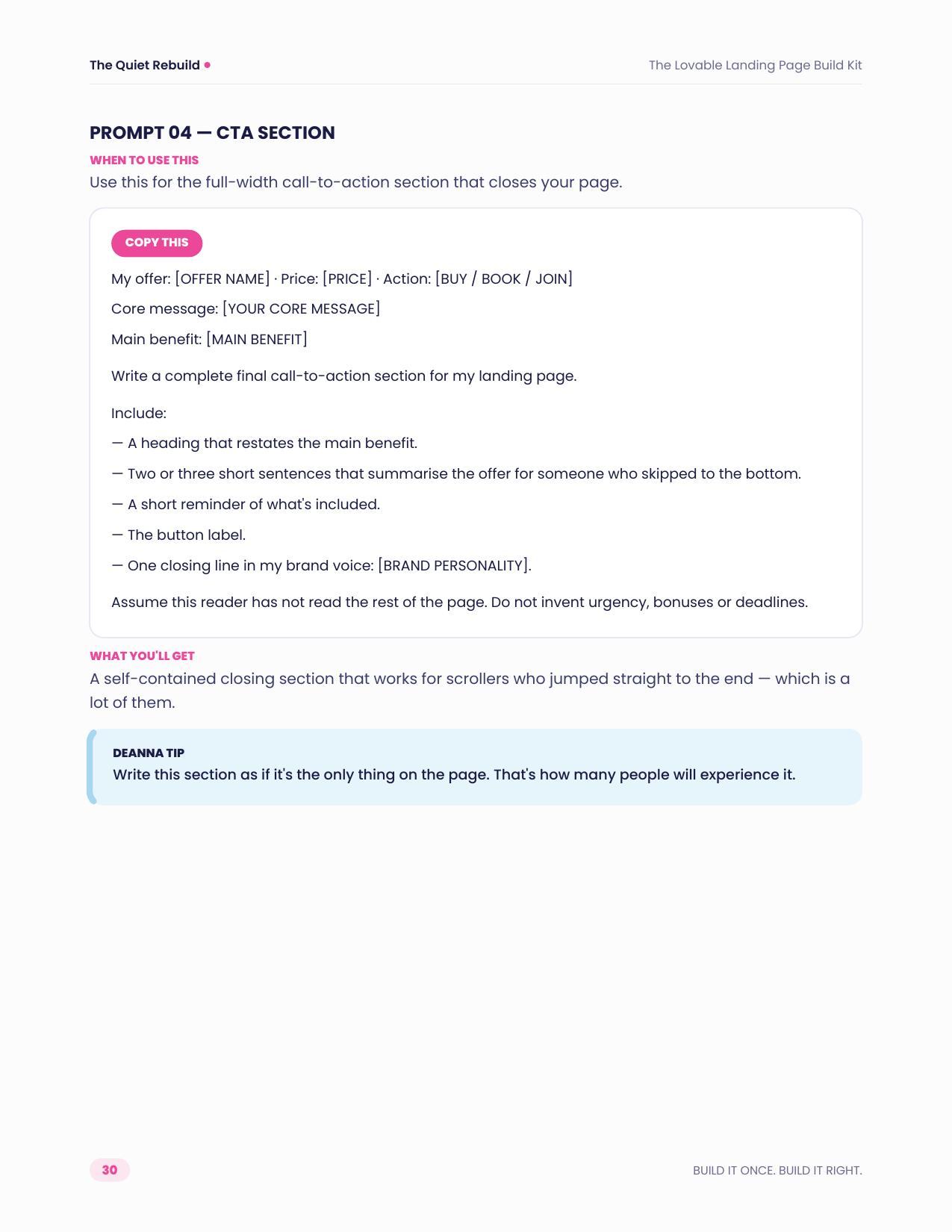 Inside page: a copy-and-paste CTA section prompt